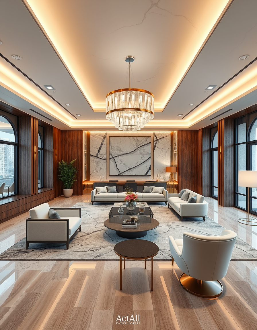 Room Design idea: AI room design, full room layout furniture and lighting, photorealistic interior render, Create a large room that is half office, half cocktail lounge