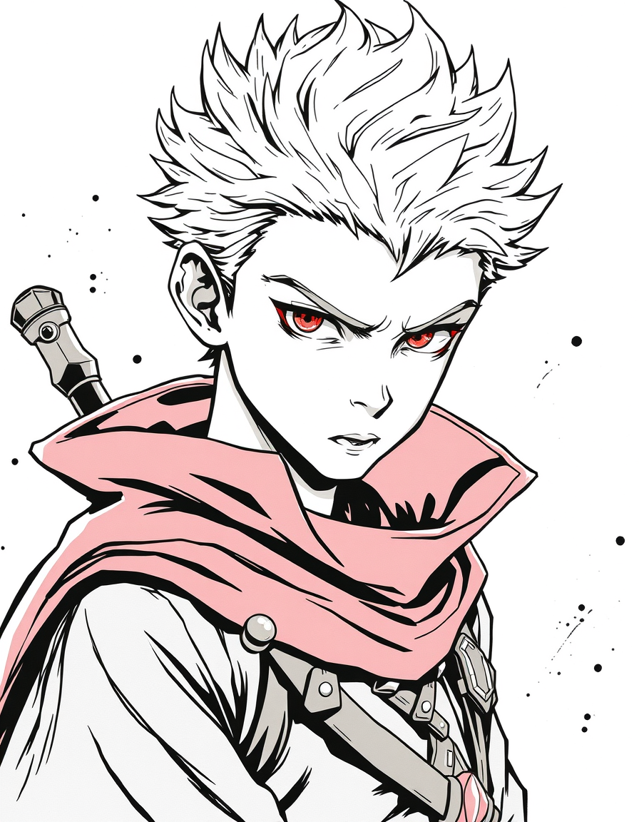 Comic Art idea: comic art, bold ink lines, halftone shading, dynamic composition, A young boy with sharp features, white hair, and red eyes, dressed in noble attire.