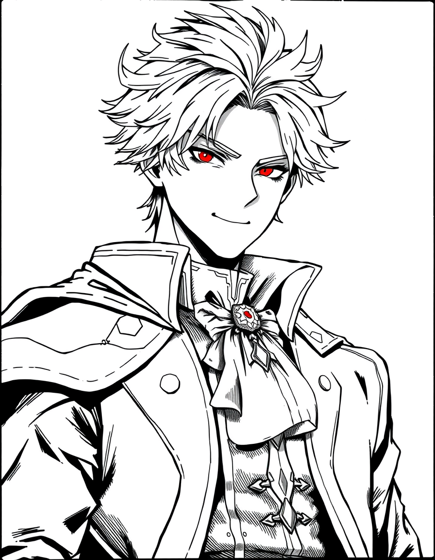 Comic Art idea: comic art, bold ink lines, halftone shading, dynamic composition, A tall, white-haired boy with red eyes and a kind smile on his face; handsome and we