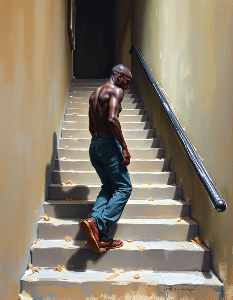 Turn Photo Into Paintings idea: painting from the photo, expressive brushwork, painterly rendering, Un jeune homme noir visiblement esclave exténué sur la marche d'un escalier, se re