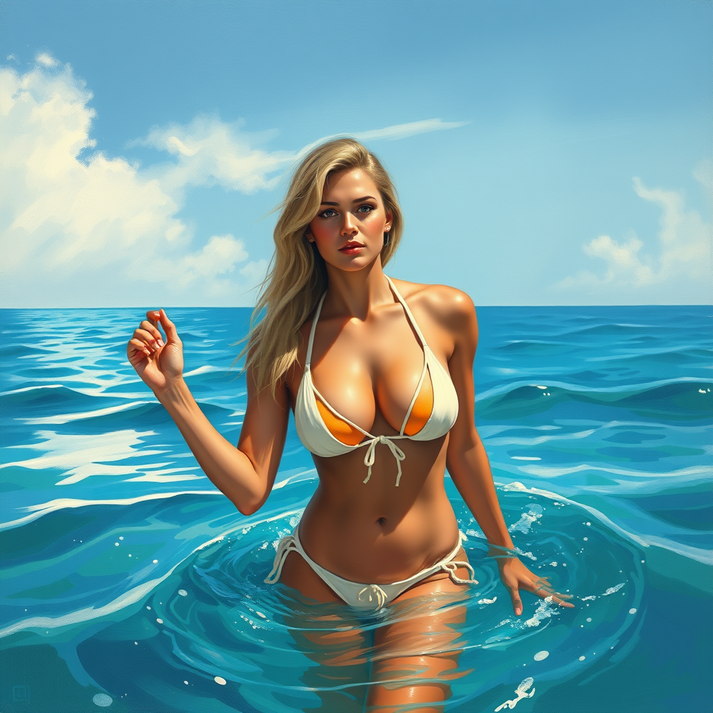Book Covers idea: cover-ready concept art organized around genre, focal point, and title-safe space, deliberate composition, give me a blonde woman wearing a bikini. co