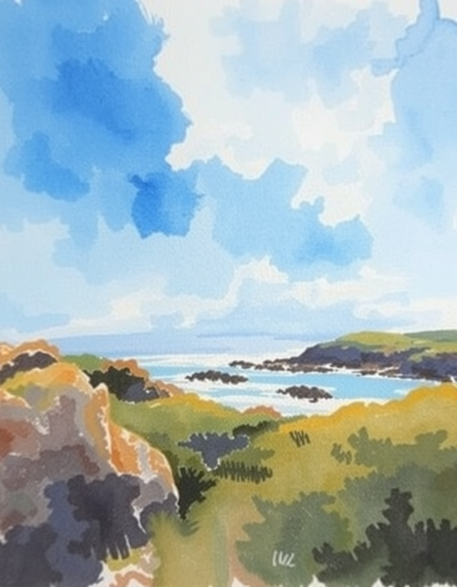 Photo To Paintings idea: painting from the photo, rich brushstrokes, painterly texture, a coastal landscape photo turned into a plein-air watercolor with wet-on-wet sky , fine