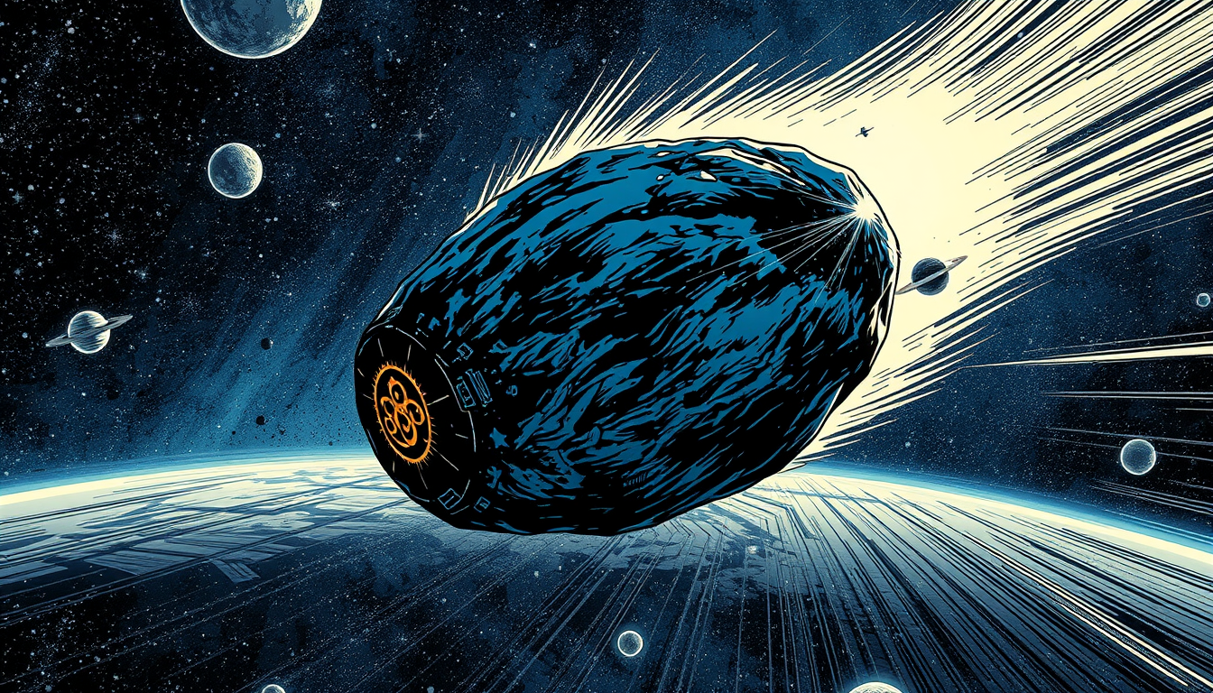 Comic Art idea: comic art, bold ink lines, halftone shading, dynamic composition, Cinematic full-color sci-fi comic-book panel. Deep outer space filled with stars and