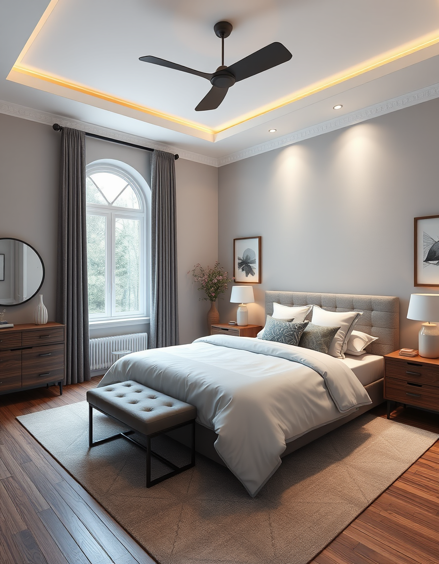 Room Design idea: AI room design, full room layout furniture and lighting, photorealistic interior render, Downstair bedroom 16x12 with east wall with bay window area w