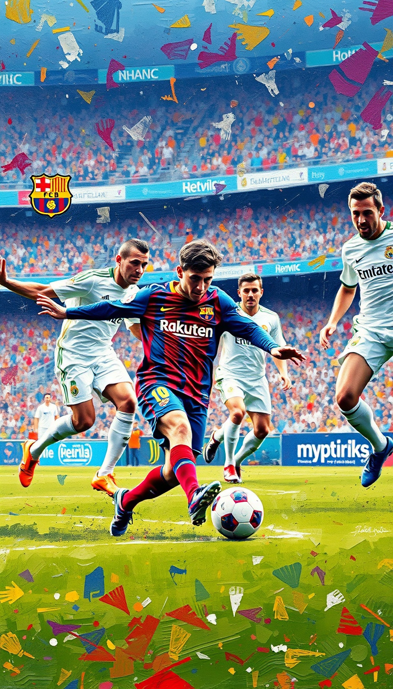 Main painting studio: Textured impasto oil painting of an iconic football match between Barcelona and Real Madrid. A Barcelona player in a blue-red jersey slides on the gra