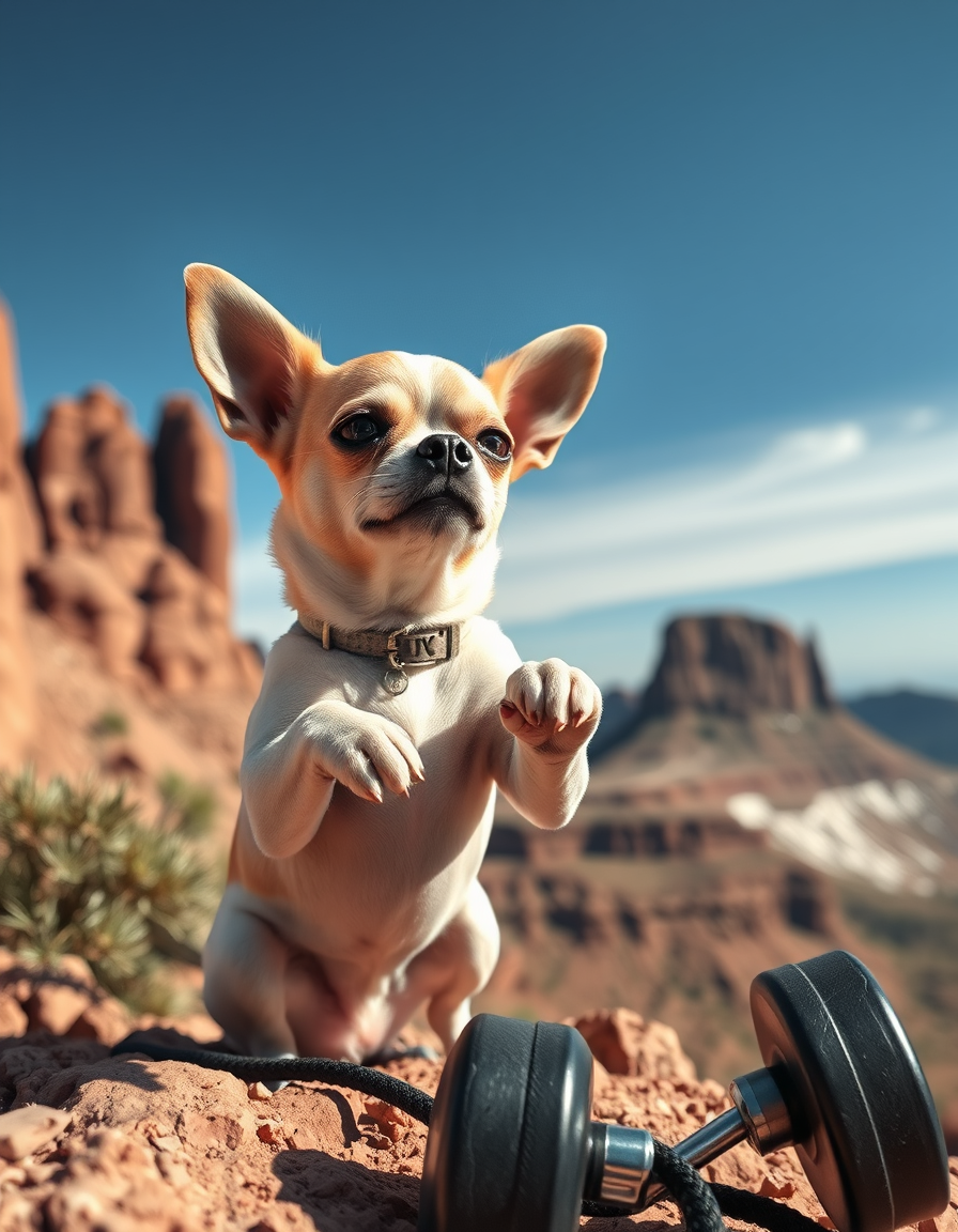 Main painting studio: a small chihuahua lifting weights and hes on a utah mountain