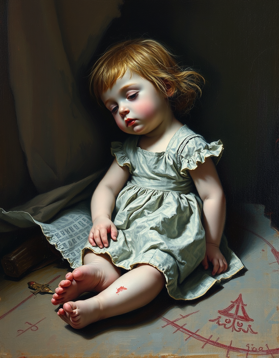 Oil Paintings idea: oil painting style, rich textures, brushstrokes, impasto technique, Little girl in small body torn dress light colored to her knees and showing her ar