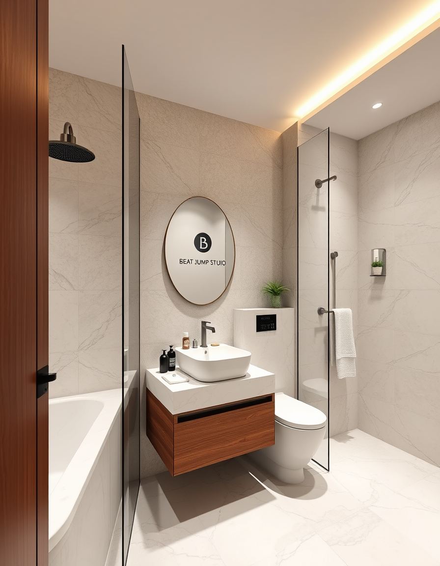 Bathroom Design idea: AI bathroom design, tiled surfaces vanity and fixtures, photorealistic interior render, Baño adaptado estilo spa lujoso, fotorrealista, 2,4x1,5m. Duch