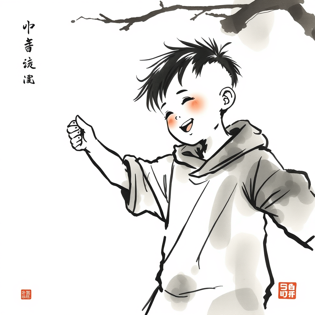 Ink Painting idea created from the prompt: ink painting, sumi-e, Chinese brush painting, minimalist brushwork, Generate a boy image of line and wash art type withinimal colors of a bo