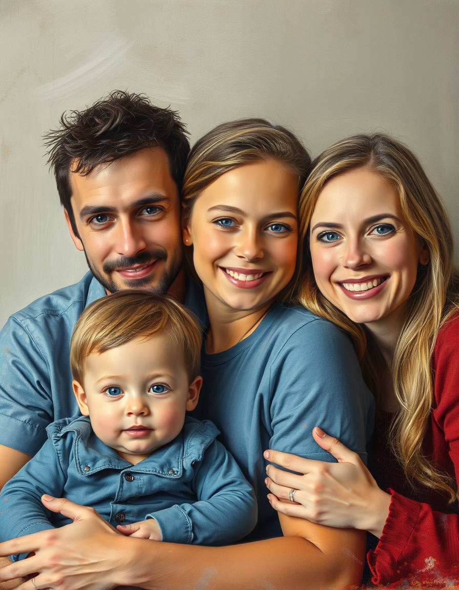 Turn Photo Into Paintings idea: a source photo redrawn with visible physical brushwork, deliberate composition, a family portrait in warm oil paint with restrained brushwork , polish