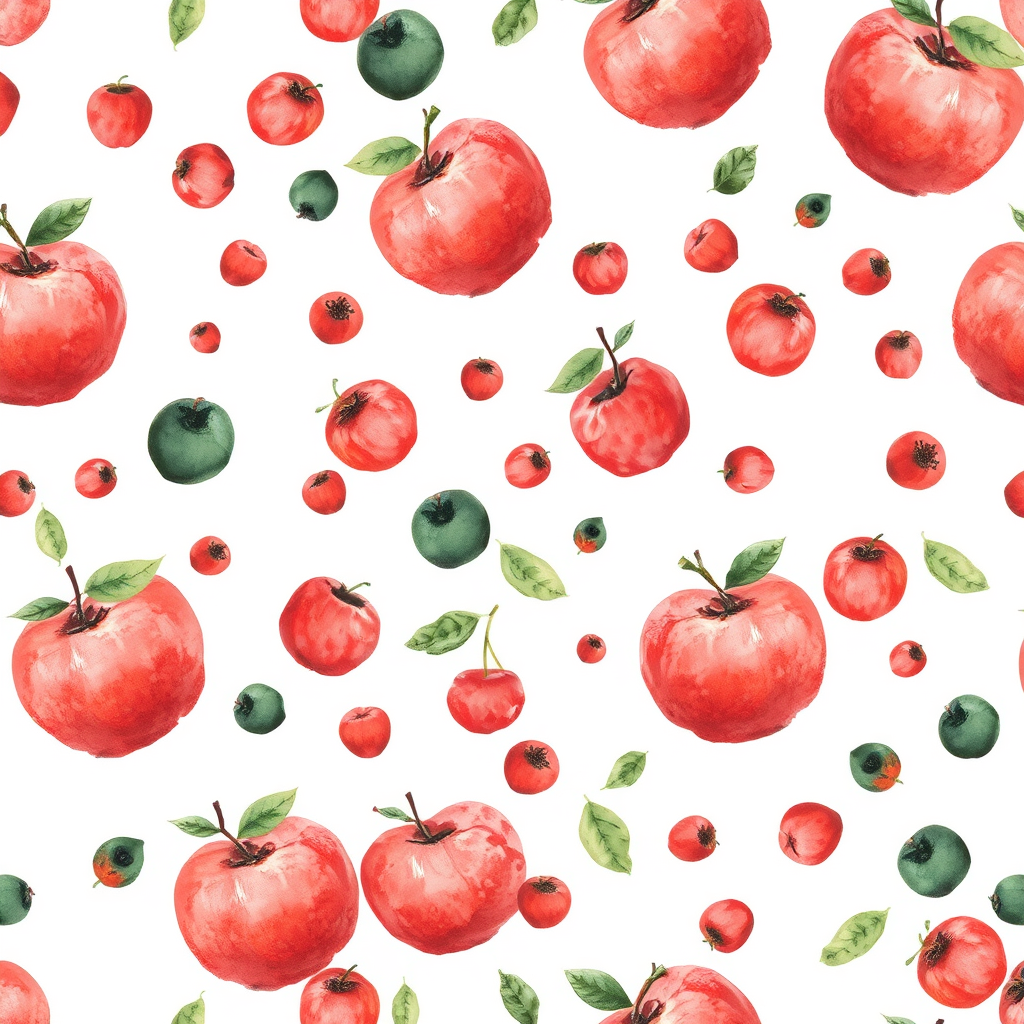 Watercolor idea: watercolor painting, soft transparent washes, wet-on-wet bleeds, paper texture visible, Tiny ditsy watercolor fruit pattern, miniature red and dark gr