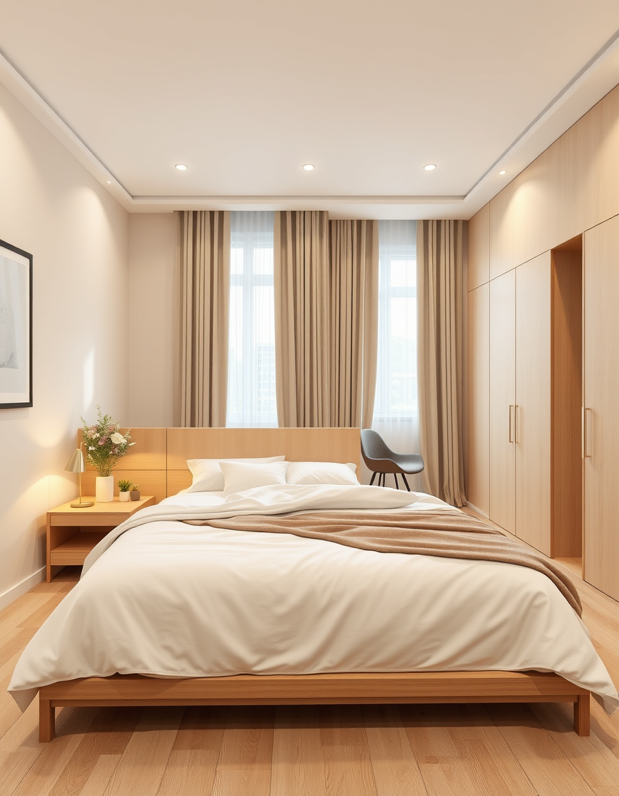 Interior Design idea: AI interior design, cohesive furniture layout decor and lighting, photorealistic interior render, Simple cozy modern family bedroom, king-size bed wit