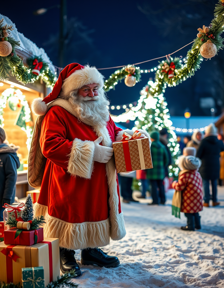 Main painting studio: nikolaus auf einen weihnachtsmarkt er verteilt geschenke an kinder