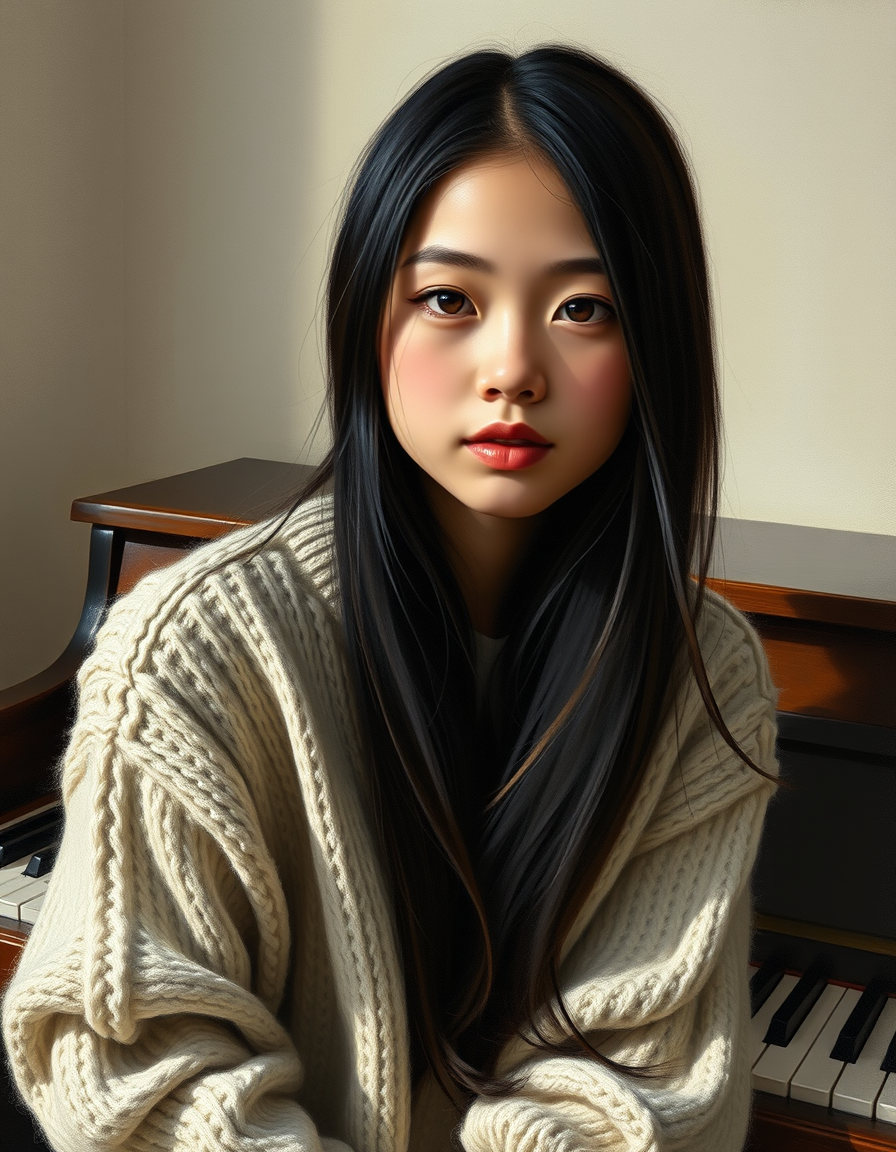 Portrait Into Paintings idea: painted portrait from photo, preserve face identity, flattering painterly lighting, a girl on her piano w black long hair and a cozy sweater cute autu