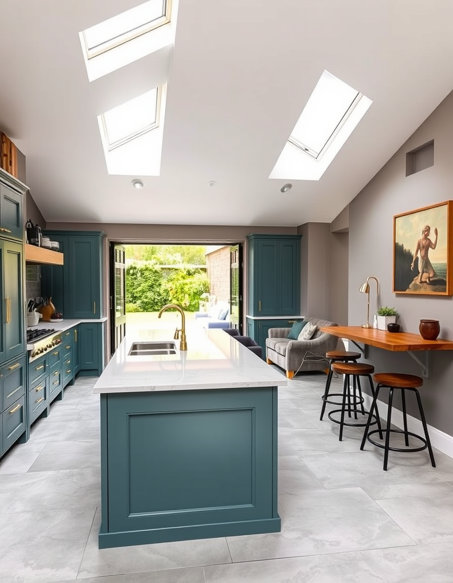 Main painting studio: Kitchen with teal painted cupboards and brass handles and brass taps and fittings. Large island in the middle. Light grey large floor tiles. Two skyli