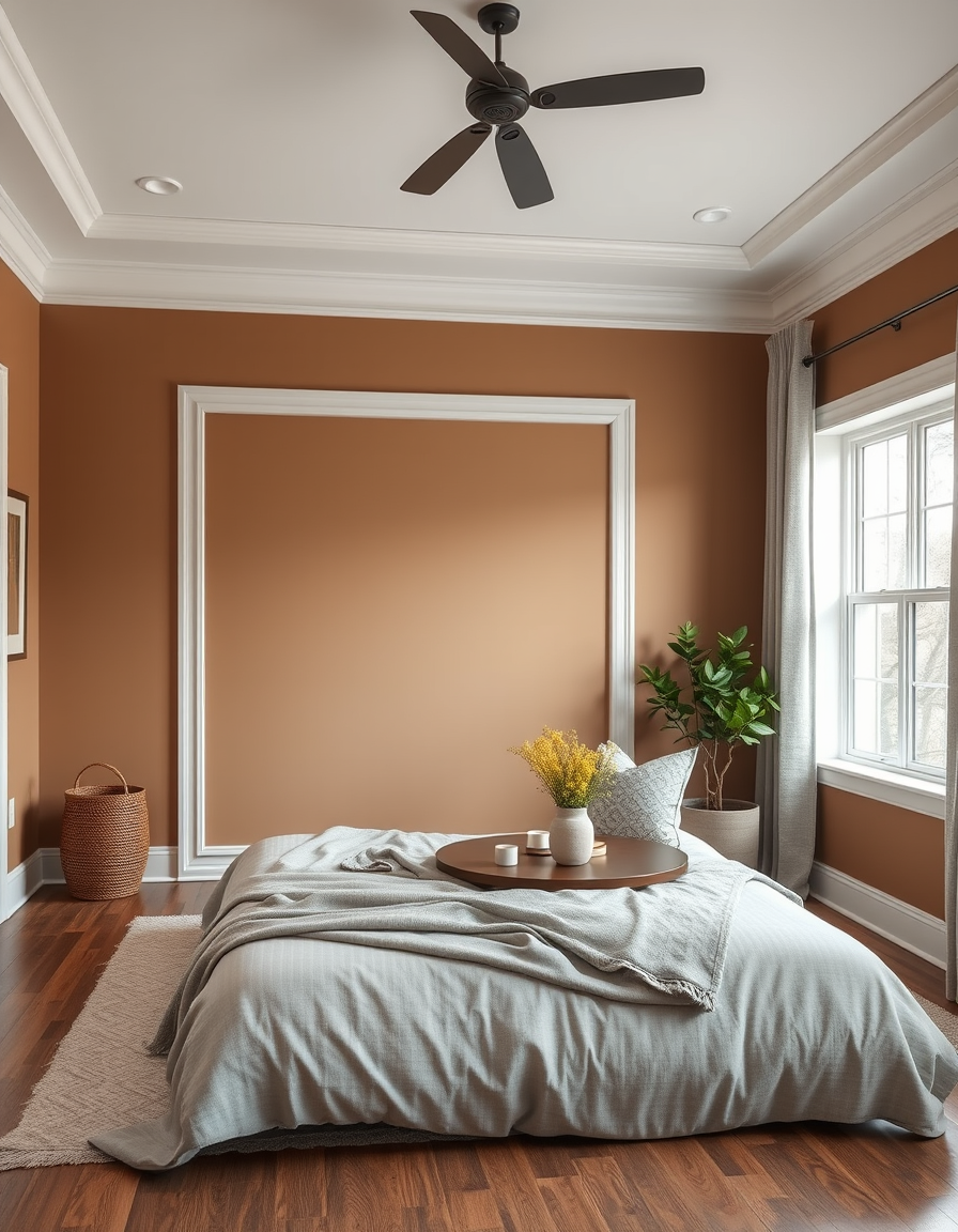 Paint Color idea: room repainted in a new wall color from the photo, accurate paint finish, photorealistic interior render, Neutral colors, grey trim, brown walls only