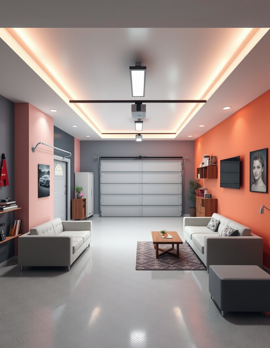 Room Design idea: AI room design, full room layout furniture and lighting, photorealistic interior render, A double garage with walls #b1715e, floor #334147, and ceilin