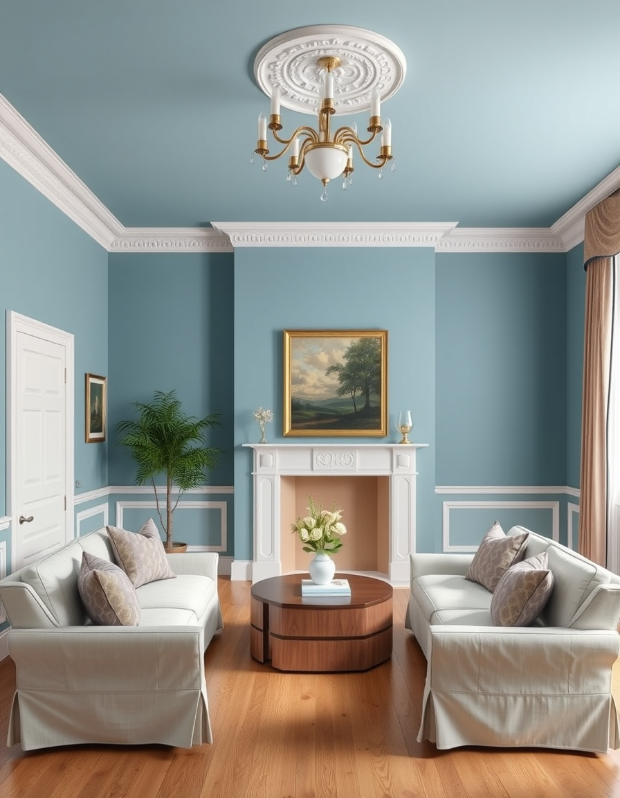 Paint Color idea: room repainted in a new wall color from the photo, accurate paint finish, photorealistic interior render, an sitting room with babouche walls and lulw