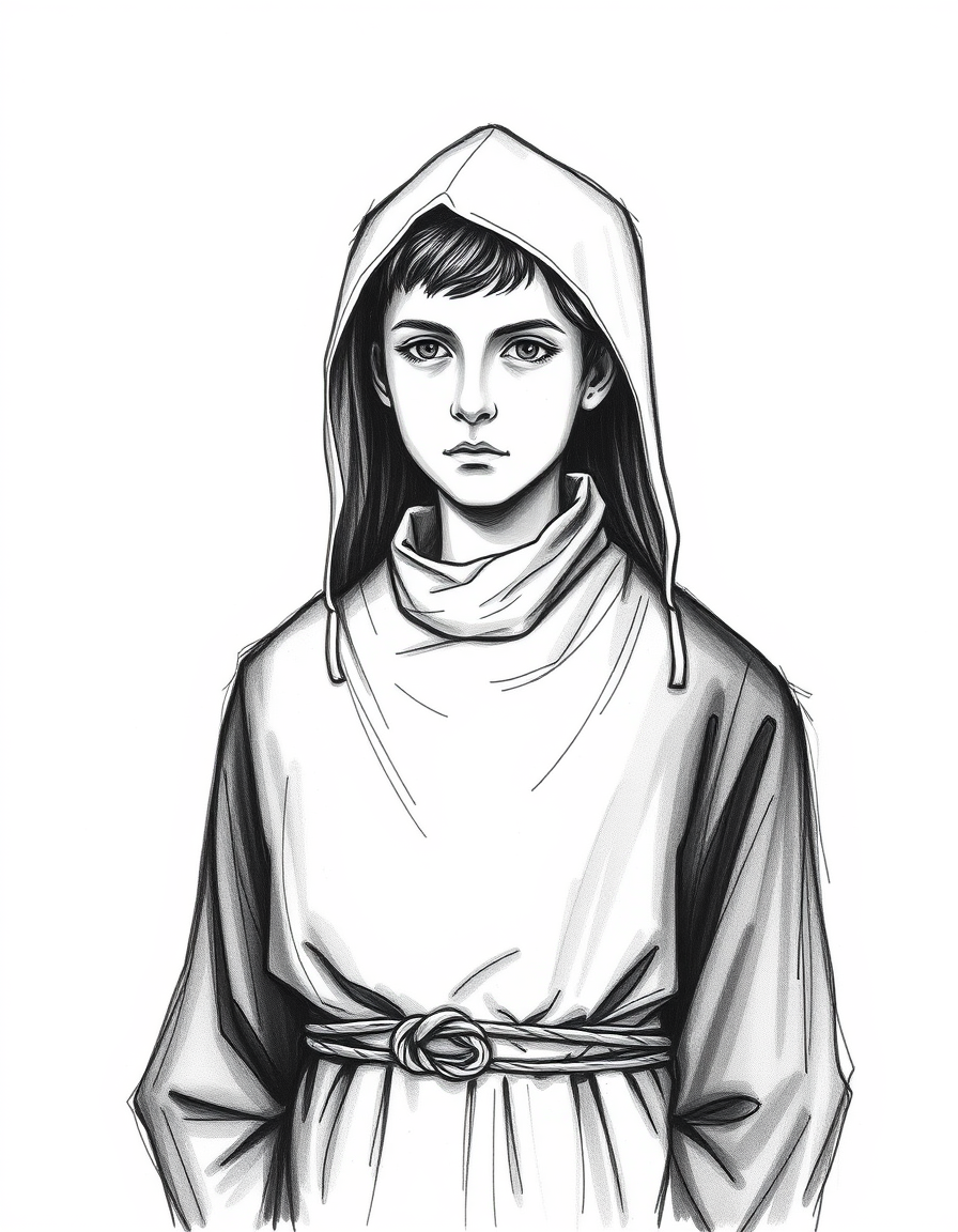 Charcoal Drawings idea: charcoal drawing, high contrast, sketchy lines, dramatic shadows, "Young Capuchin friar in simple brown habit with hood, minimalist line art style, bl