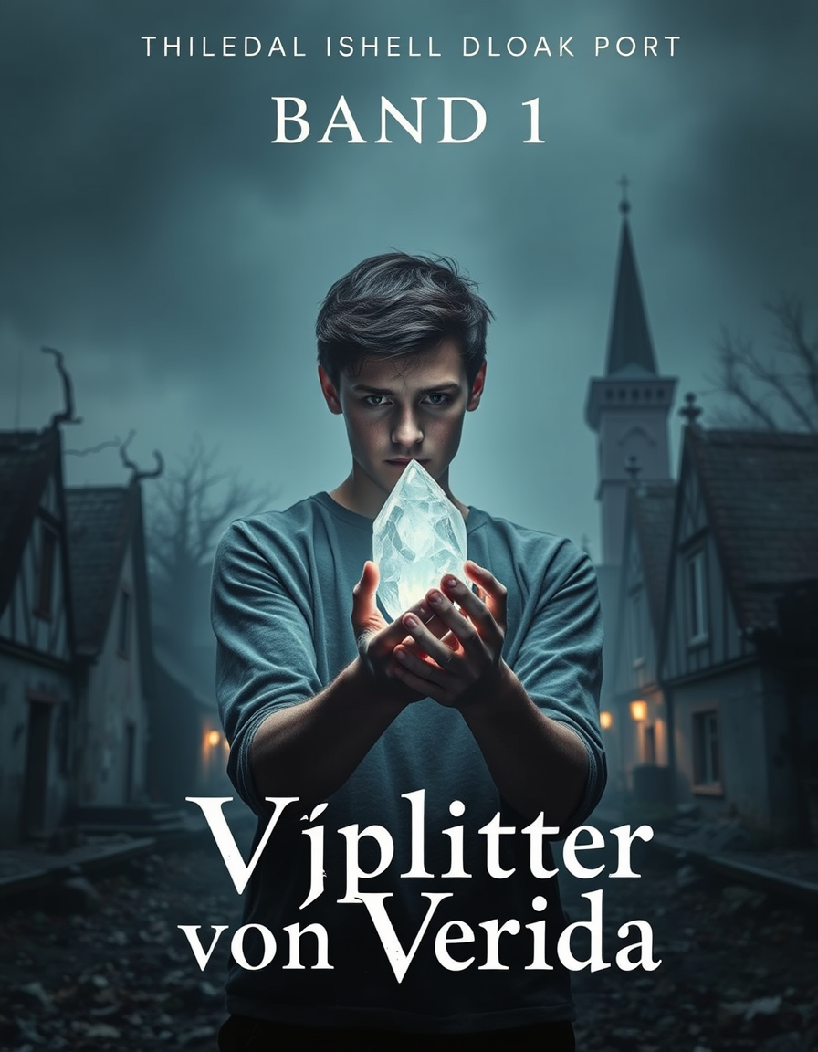 Book Covers idea: book cover composition, vertical 2:3 format, title-ready negative space at top, evocative subject, ein 16 jähriger junge hält ein leicht leuchtenden k