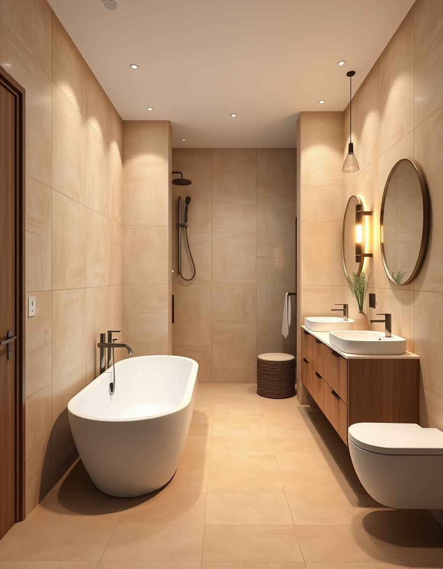 Bathroom Design idea: AI bathroom design, tiled surfaces vanity and fixtures, photorealistic interior render, baño alargado con plato de ducha al fondo. a la izquierda lava