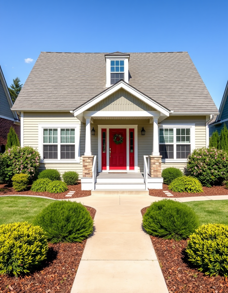 Exterior Paint idea: home exterior paint visualization, preserve architecture and landscaping, recolor siding trim and front door, one storey with porch , realistic exteri