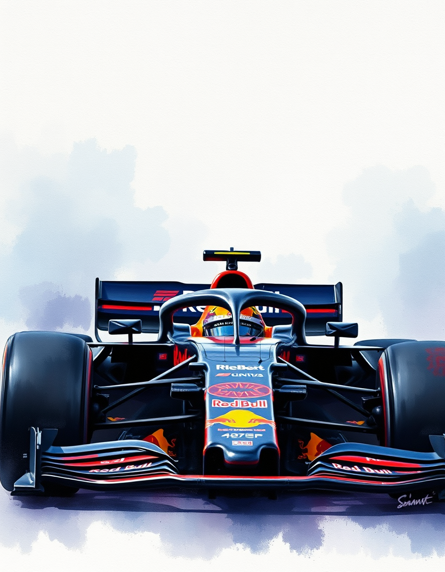 Photo To Painting idea created from the prompt: painting from the photo, rich brushstrokes, painterly texture, Max Verstappen driving a Red Bull Formula 1 car, soft pastel painting, waterc