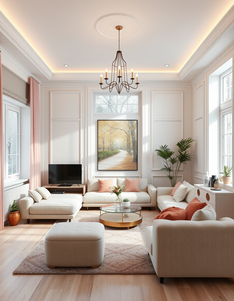 Room Design idea: AI room design, full room layout furniture and lighting, photorealistic interior render, tee huone joka kuvataan ovelta päin ja vastapuolella on ikkun