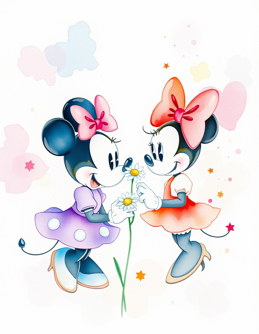 Picture Into Watercolor idea: turn picture into watercolor, transparent washes, paper texture, soft pigment edges, minnie mouse and daisy birthday edition , delicate watercolor pai
