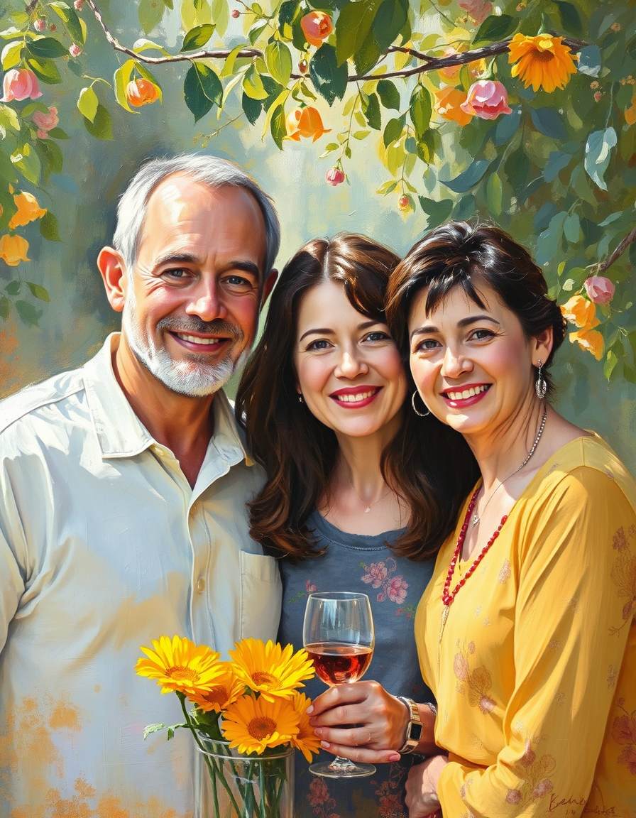 Photo To Paintings idea: painting from the photo, rich brushstrokes, painterly texture, portrait de famille transformé en huile impressionniste avec lumière de jardin tamisée