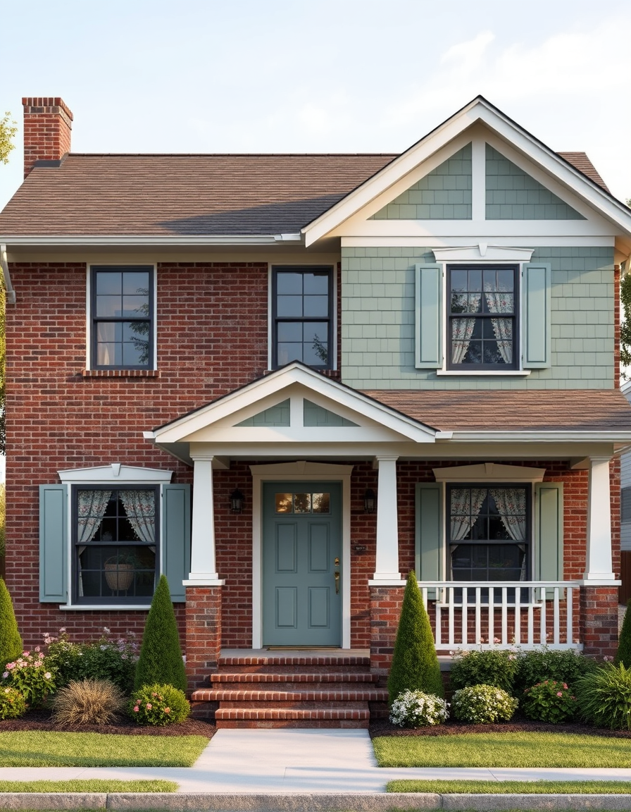 AI House Exterior Design idea created from the prompt: AI house exterior design, facade materials roofline and landscaping, photorealistic render, Craftsman style two-floor house with dark red br