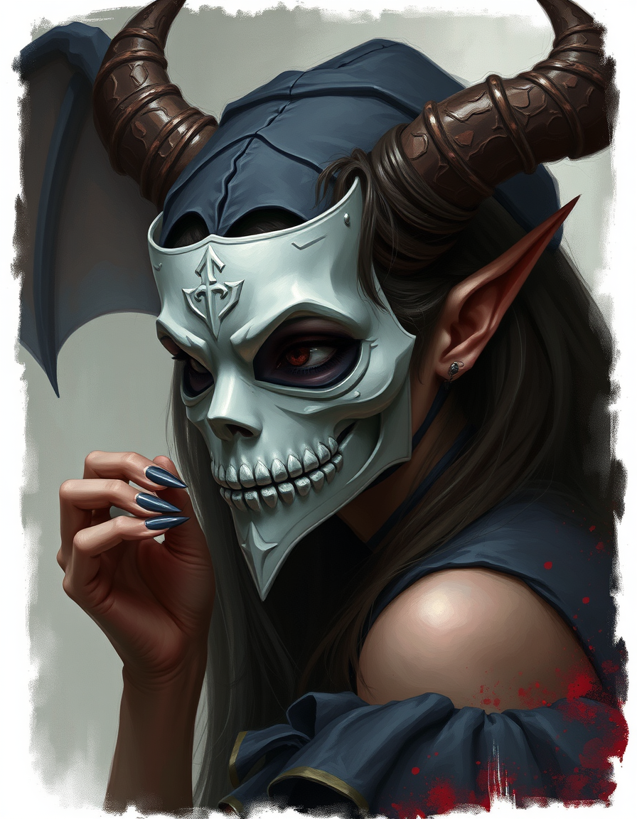 Book Covers idea: cover-ready concept art organized around genre, focal point, and title-safe space, deliberate composition, Demon witch with a porcelain mask if a beau