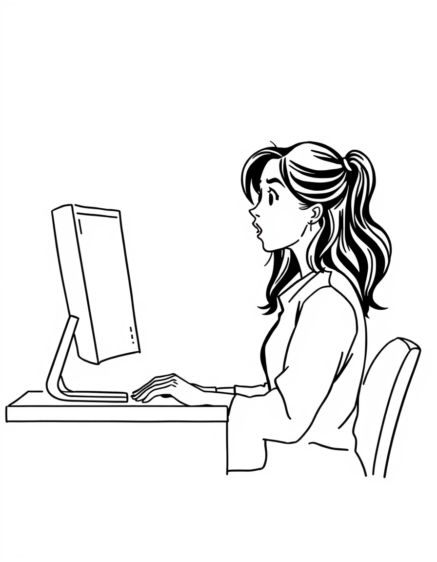 Photo To Outline idea: photo to outline drawing, clean contour lines, minimal shading, preserve subject silhouette, surprised woman at computer , simple black line art, whit