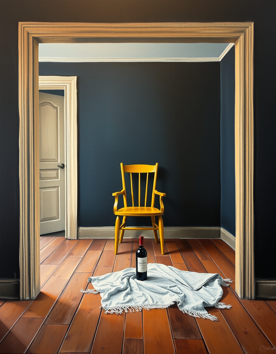 Main painting studio: I want an oil painting 150 cm wide and 120cm height. Must ne painted black and thick. In the middle I want to paint a room the room has a door to the 