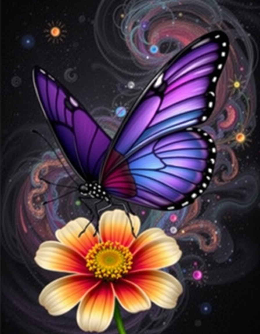 Main painting studio: a giant butterfly on a smaller flower than the butterfly with a background of black with swirls of color almost like a galaxy