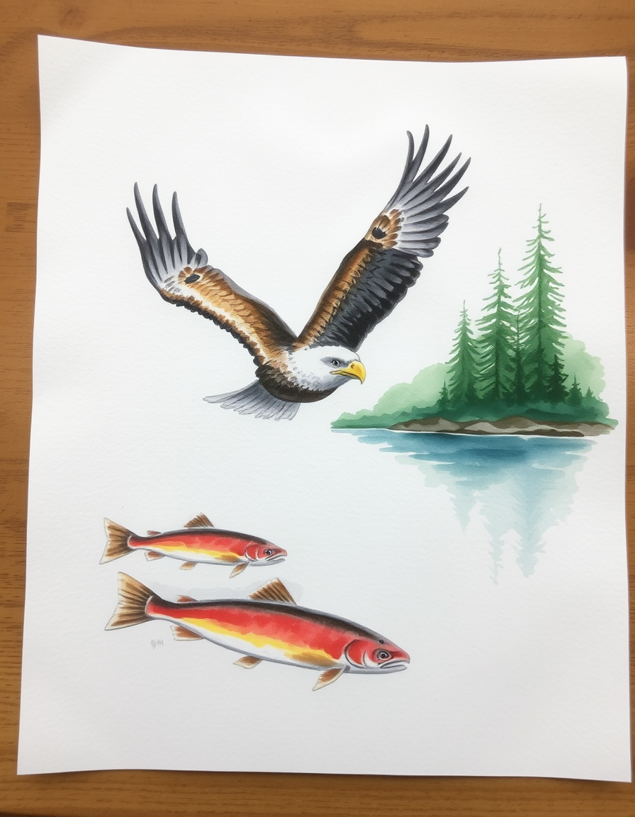Watercolor idea: watercolor painting, soft transparent washes, wet-on-wet bleeds, paper texture visible, Eagle flying over water with salmon swimming in water and tree