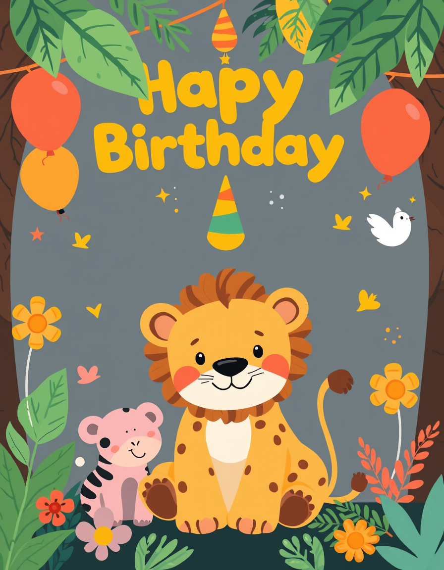 Birthday Cards idea: birthday card design, cheerful festive artwork, space for greeting, Create a birthday invitation for babys 1st birthday with unique and vibrant jungle