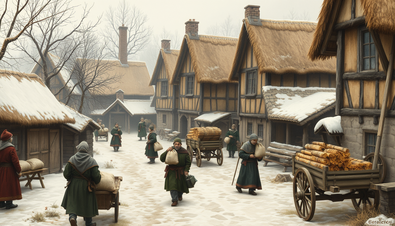 Main painting studio: A 14th-century European village preparing for winter, timber-framed houses with thatched roofs, villagers carrying sacks of grain and bundles of firew
