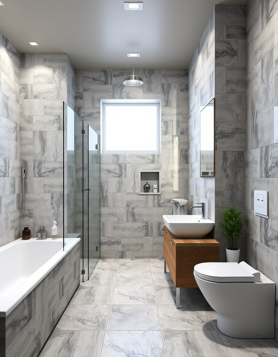Bathroom Design idea: AI bathroom design, tiled surfaces vanity and fixtures, photorealistic interior render, אני צריכה תמונה של חדר אמבטיה. גודל 3 על 2 נקודת מבט מדלת הכני