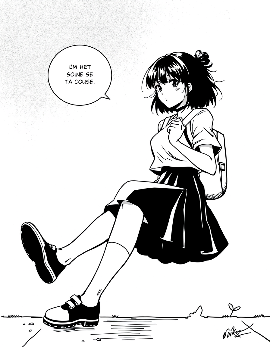 Comic Art idea: comic art, bold ink lines, halftone shading, dynamic composition, Mikoto et une fille de 19ans elle venait de finir sa longue journée de cours elle av