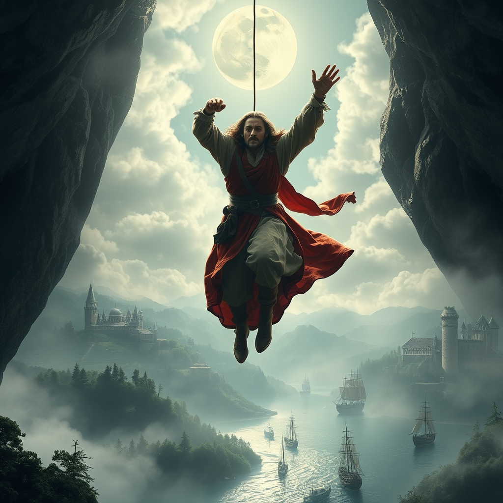 AI Painting prompt example created from the prompt: Create a realistic medieval visual scene showing a man and a woman both falling through open space. The woman reaches downward, trying to ca