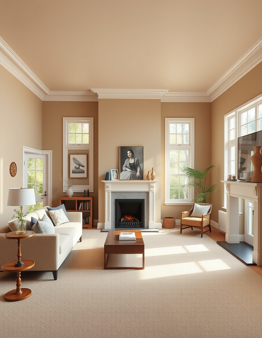 Paint Color idea: room repainted in a new wall color from the photo, accurate paint finish, photorealistic interior render, Living room, 20x12ft, with verandah door and