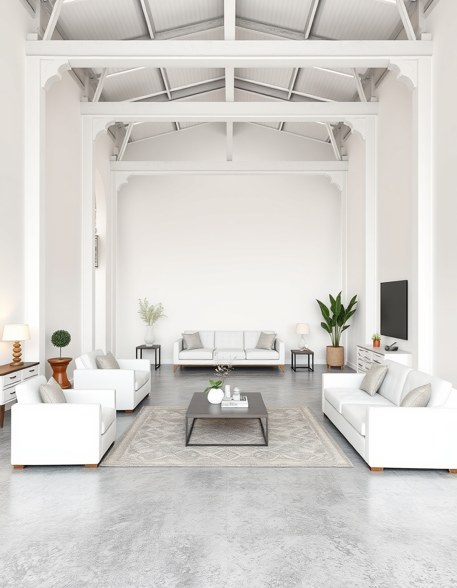 Virtual Staging idea: virtually staged empty room from the photo, tasteful furniture and decor added, photorealistic interior render, tengo un galpon, con piso de cemento y