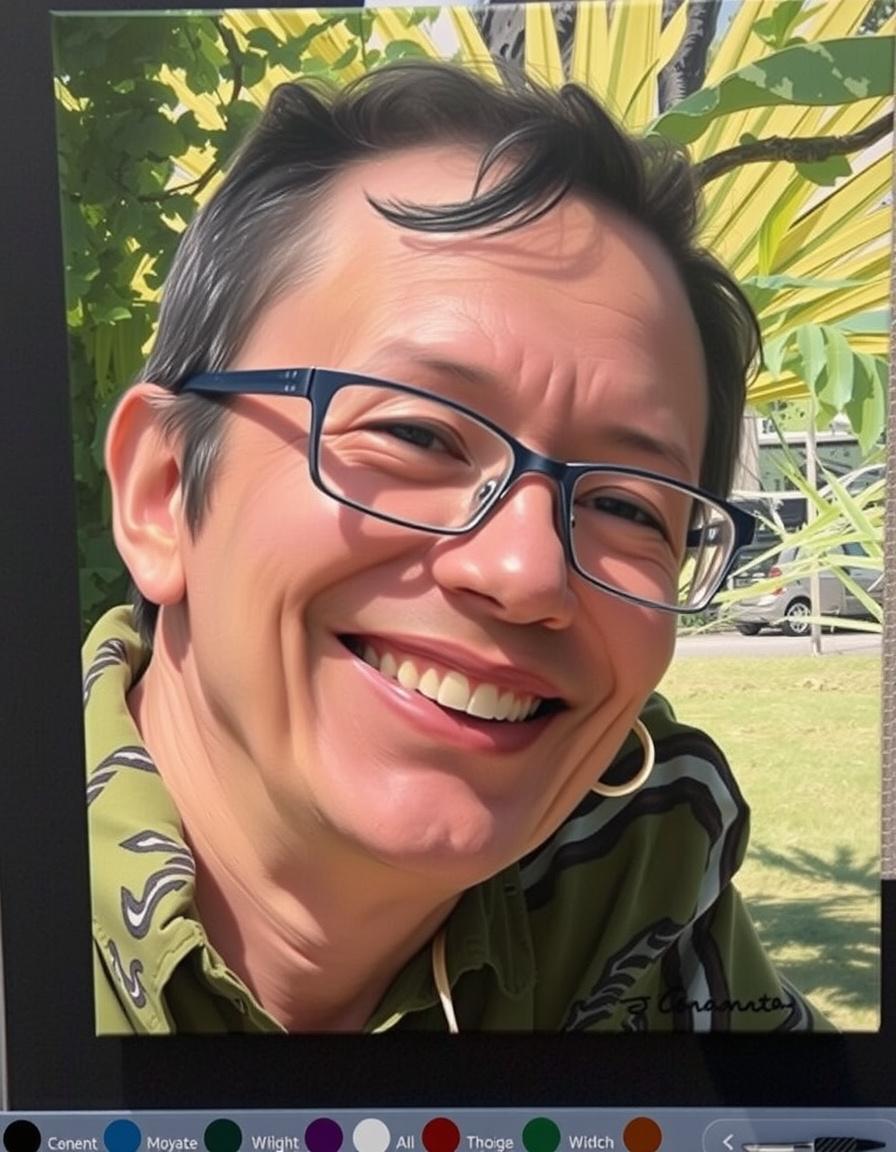 Portrait Into Paintings idea: painted portrait from photo, preserve face identity, flattering painterly lighting, warm realistic flatterning portrait with an outdoor feel of sunlig