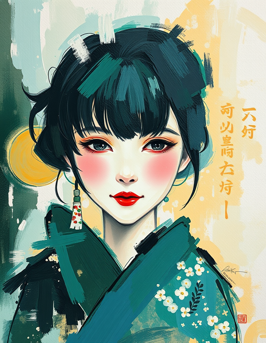 Photo To Paintings idea: painting from the photo, rich brushstrokes, painterly texture, japanese art abstract , fine-art painting portrait