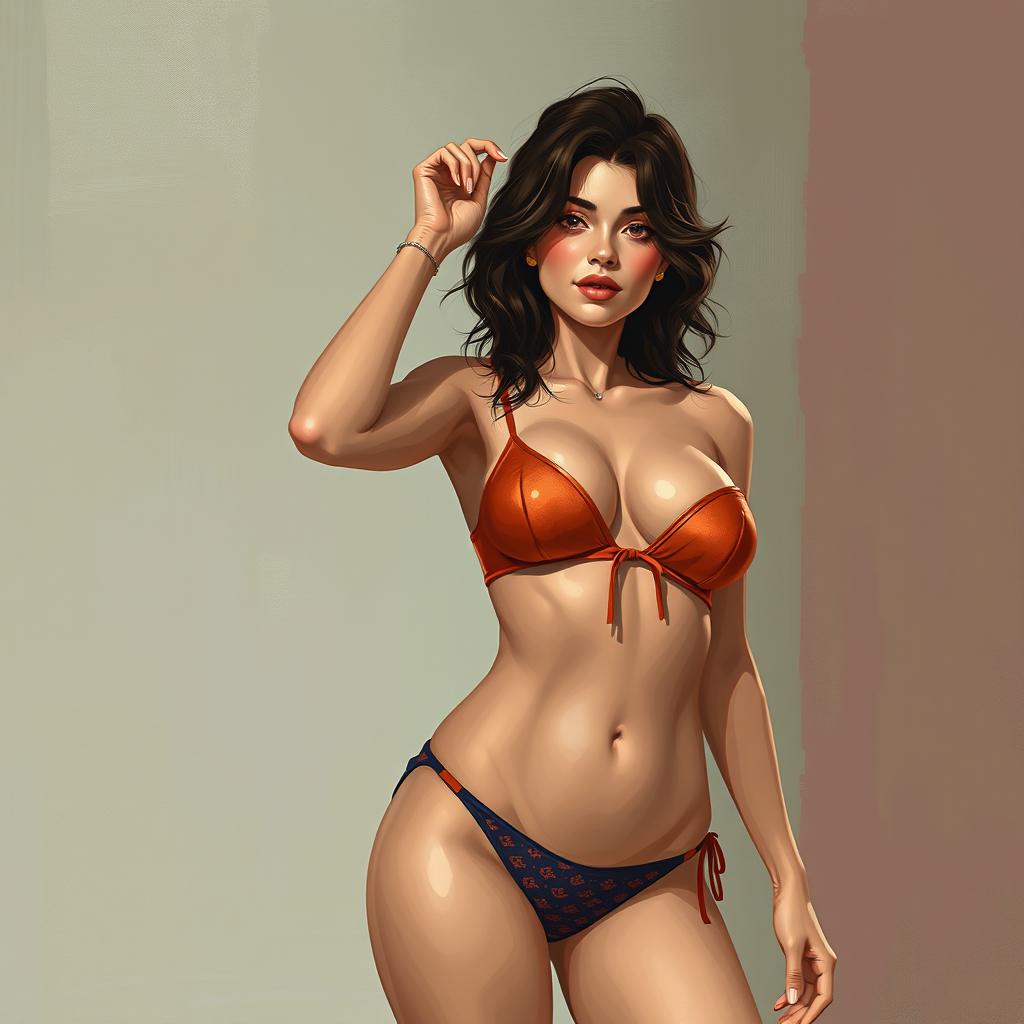 Book Covers idea: cover-ready concept art organized around genre, focal point, and title-safe space, deliberate composition, make me a brunette woman wearing a crop top