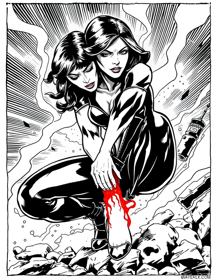 Comic Art idea: comic art, bold ink lines, halftone shading, dynamic composition, Black widow the comic character spraining her ankle and is in pain cause of it , gra