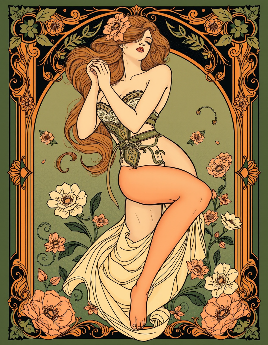 Art Nouveau idea created from the prompt: art nouveau illustration, flowing organic lines, decorative panel borders, ornamental floral motifs, Nylon stocking fetish , inspired by Alp