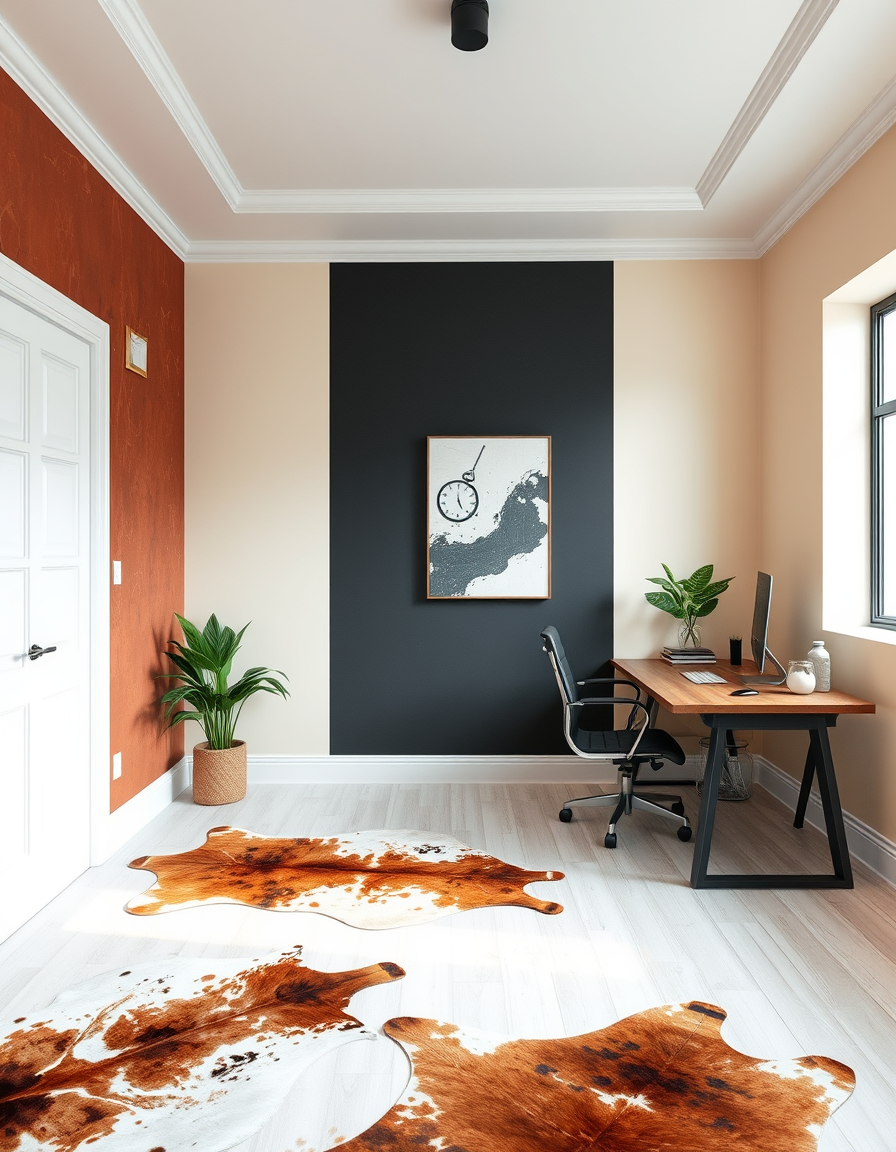 Paint Color idea: room repainted in a new wall color from the photo, accurate paint finish, photorealistic interior render, office setting; one wall rust, 1/2 wall of t