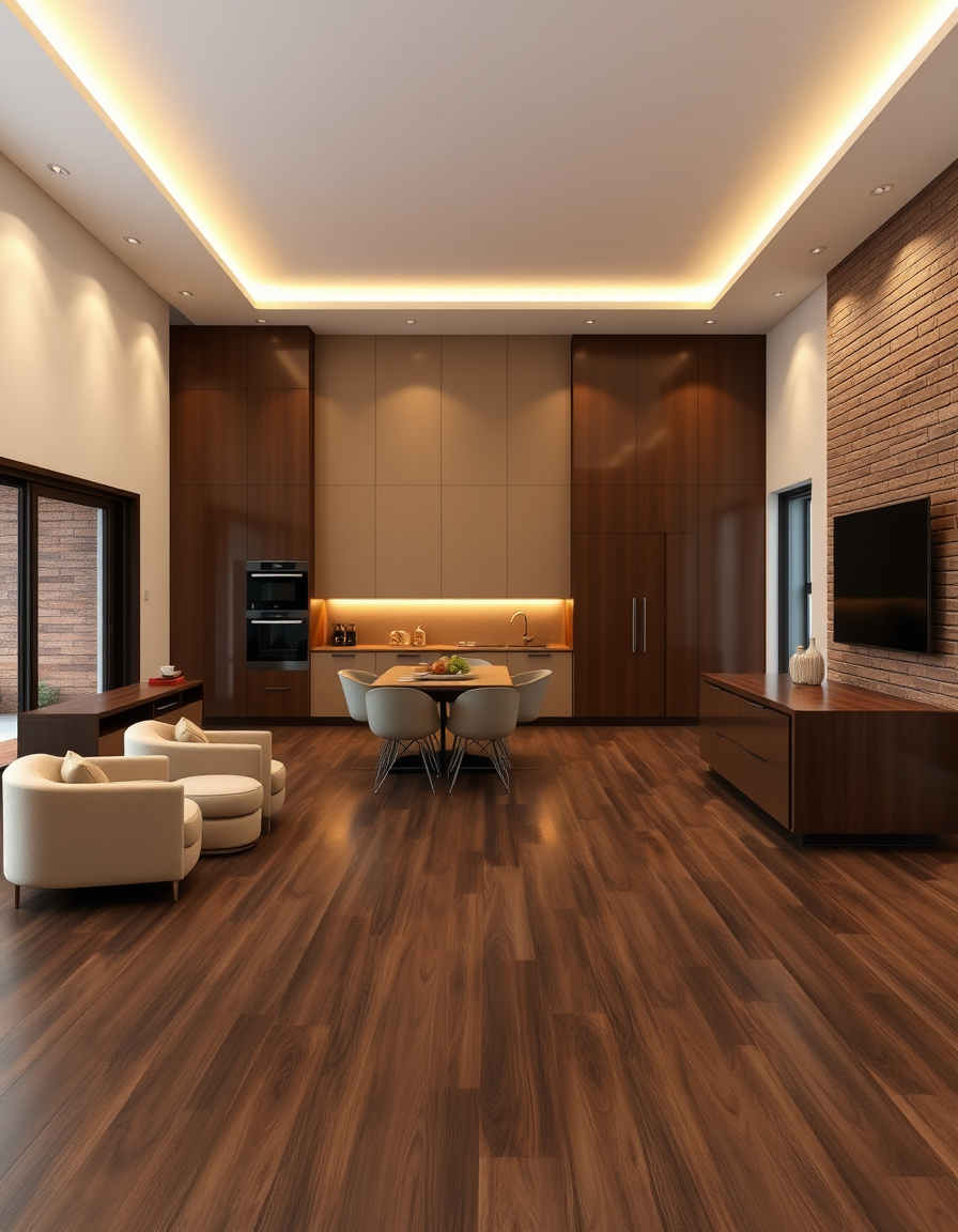 Room Design idea: AI room design, full room layout furniture and lighting, photorealistic interior render, Modern 6x6m kitchen, dark brown wood floor, beige walls, glos